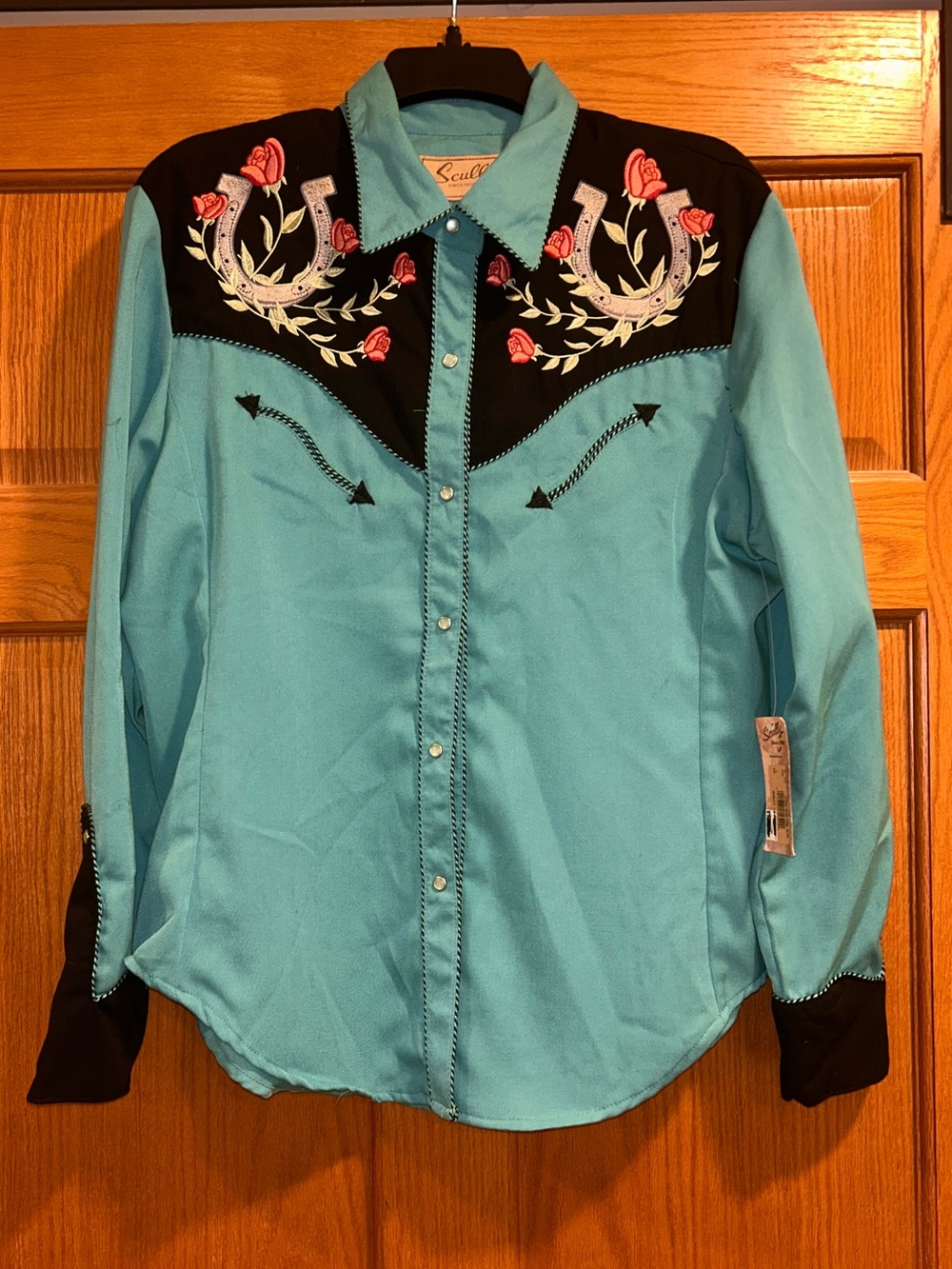 NWT Scully Turquoise Western Embroidered Yoke Snap Shirt, Floral Detail Size L